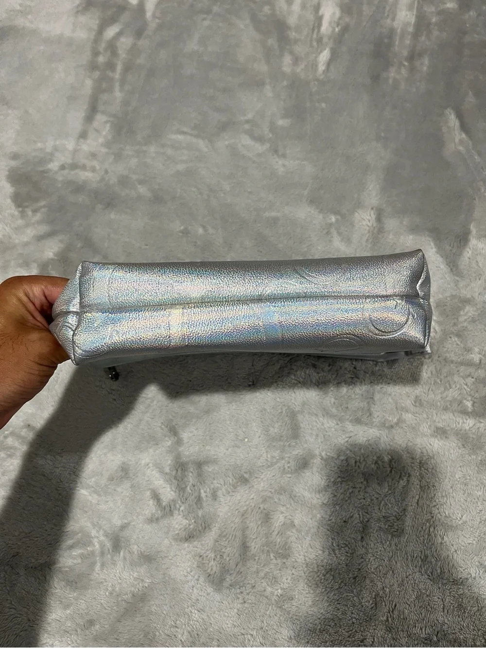 GUESS Silver Iridescent Metallic Logo Cosmetic Makeup Bag Pouch NWOT